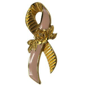 Vintage Avon Pink Ribbon Gold-Tone Rose Brooch Awareness Lapel Pin